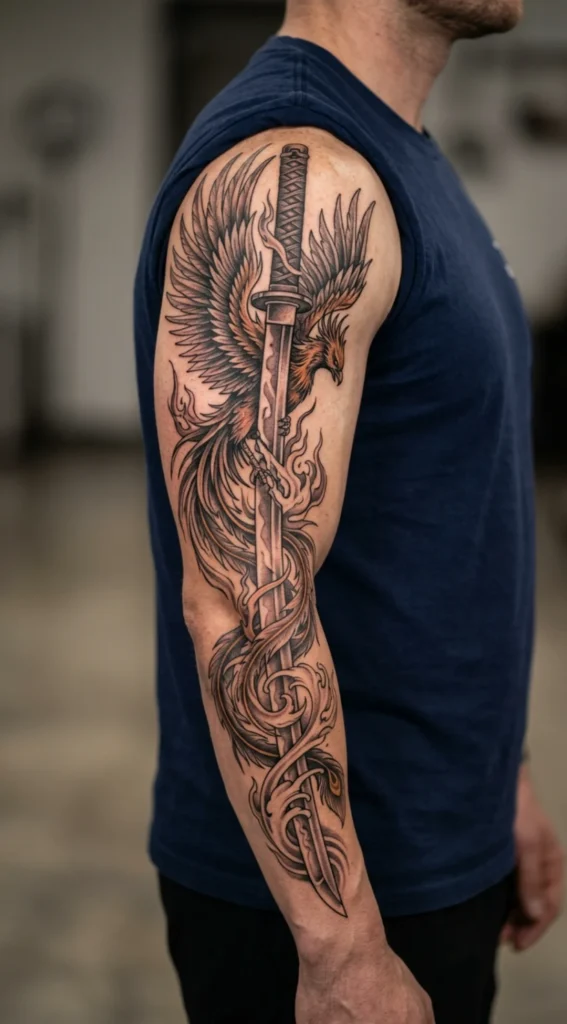 Phoenix and Sword Full Sleeve Tattoo