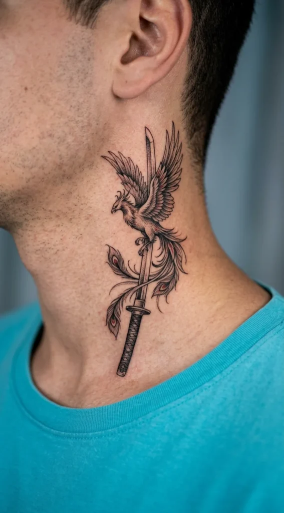 Phoenix and Sword Side Neck Tattoo