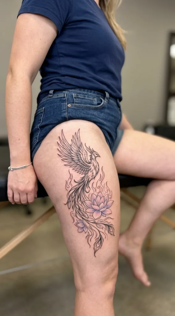 Phoenix with Blooming Lotus Flowers