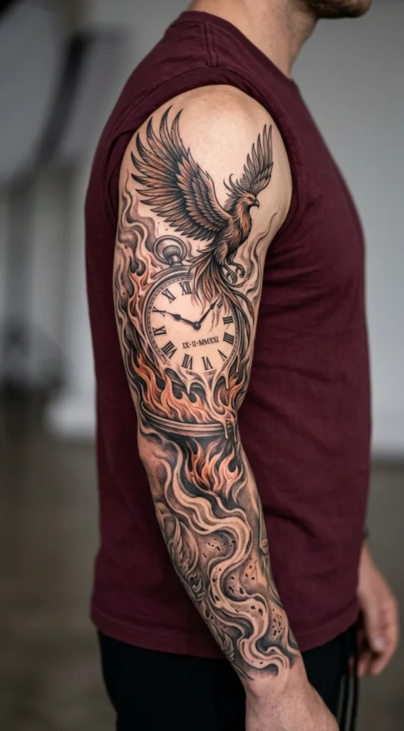 Phoenix with Clock and Flames Sleeve