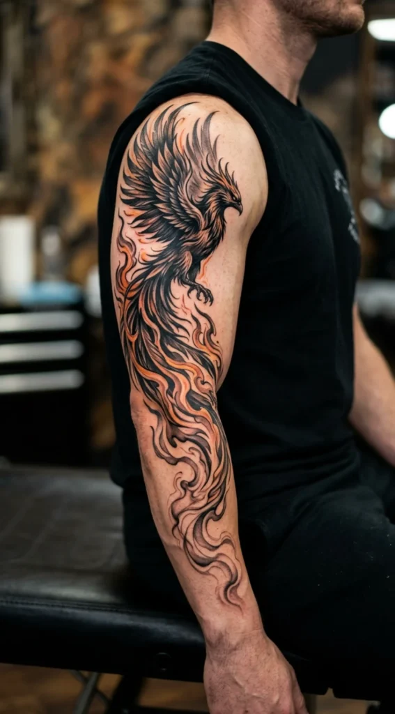 Phoenix with Flowing Flames Full Sleeve Tattoo