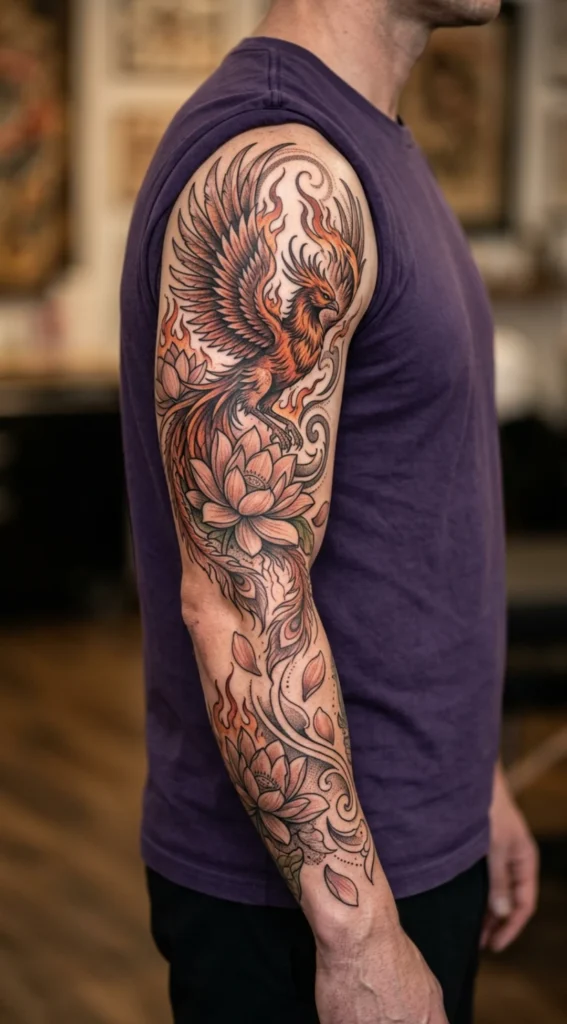 Phoenix with Lotus Flower Full Sleeve Tattoo