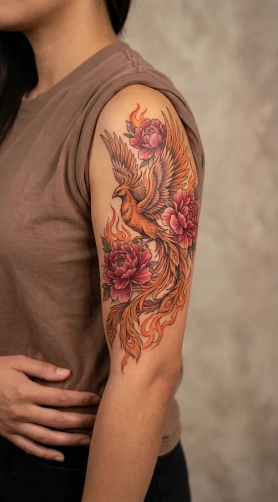 Phoenix with Peony Blossoms and Fire