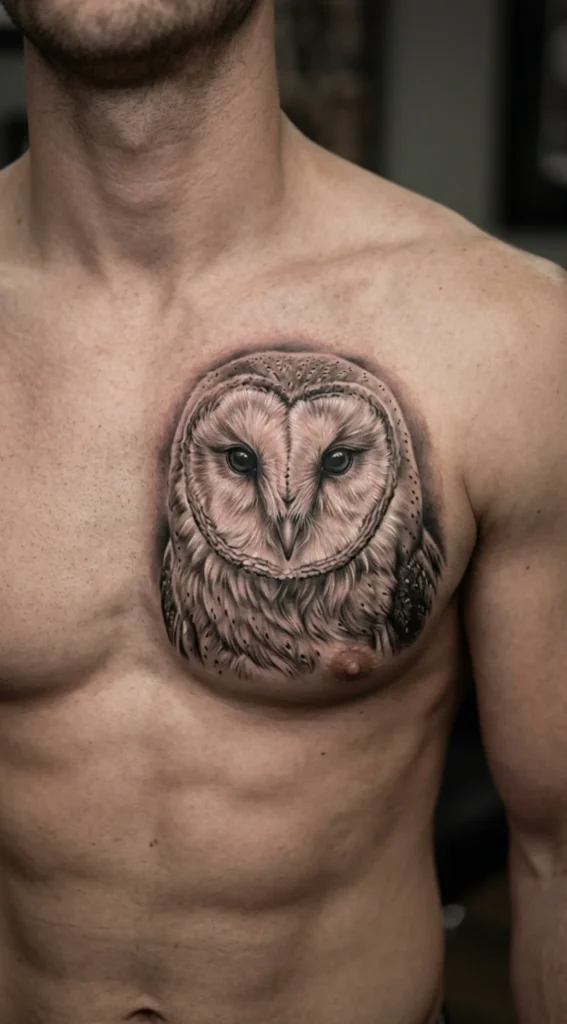 Realistic Barn Owl Chest Tattoo
