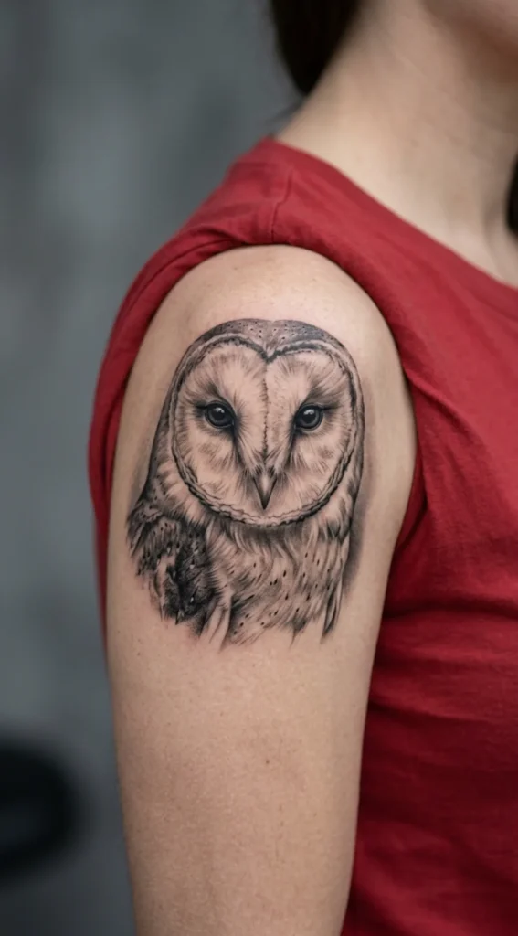 Realistic Barn Owl Shoulder Tattoo