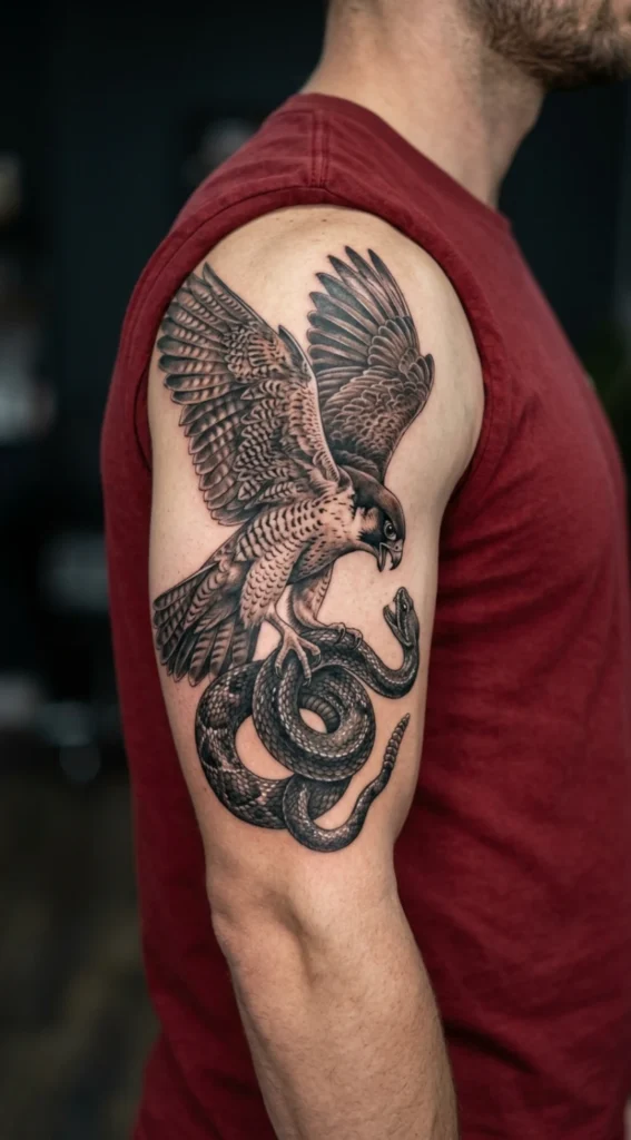 Realistic Falcon Gripping a Coiled Snake