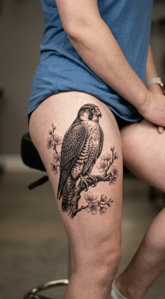 Realistic Falcon Perched on a Blooming Branch
