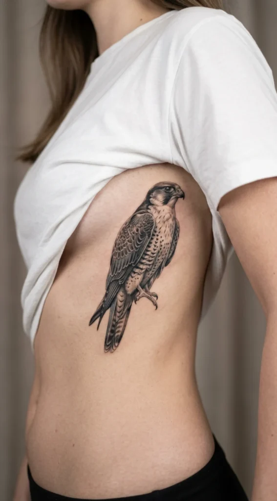 Realistic Falcon Side Rib Tattoo