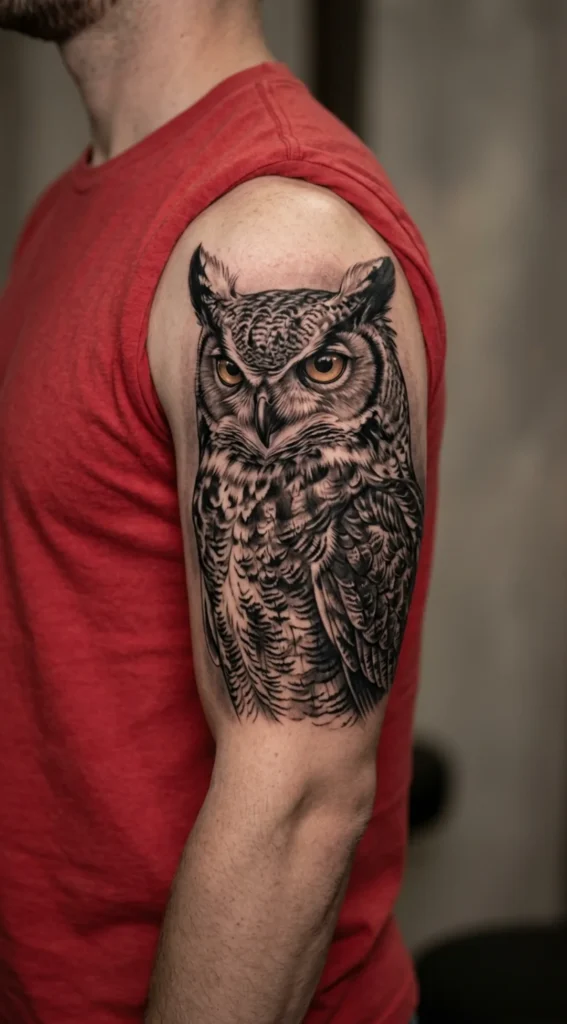 Realistic Great Horned Owl Tattoo