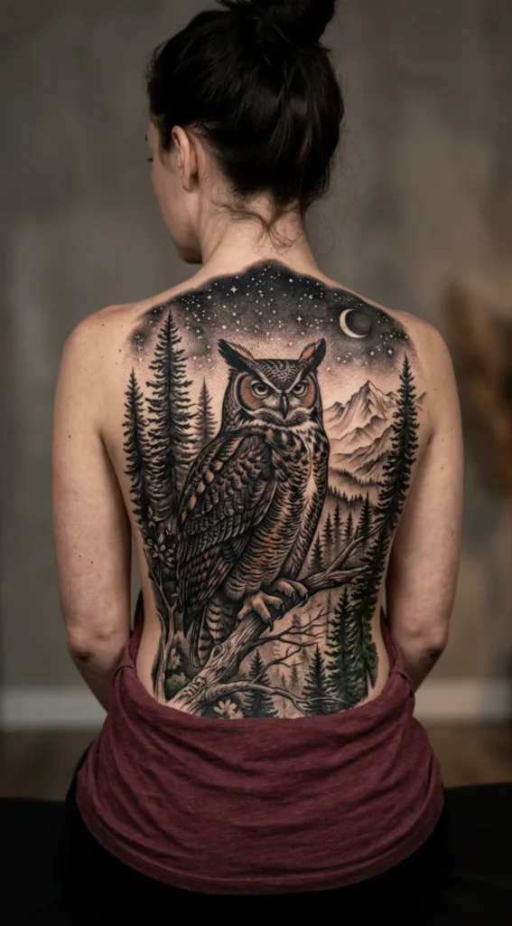 Realistic Owl Back Tattoo with Nature Scene
