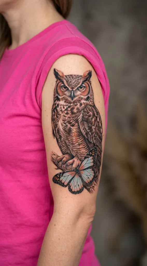 Realistic Owl and Butterfly Tattoo