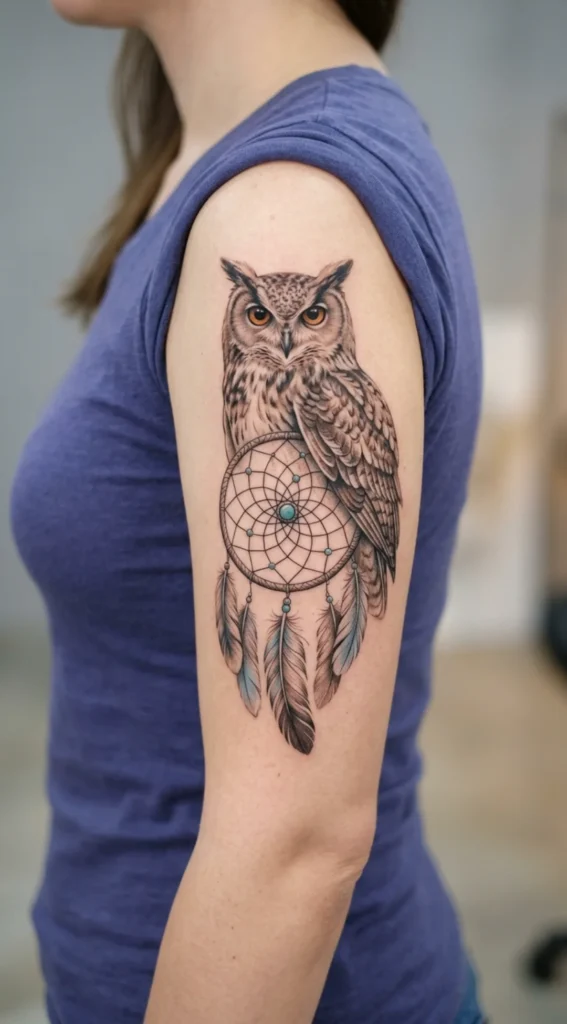 Realistic Owl and Dreamcatcher Tattoo