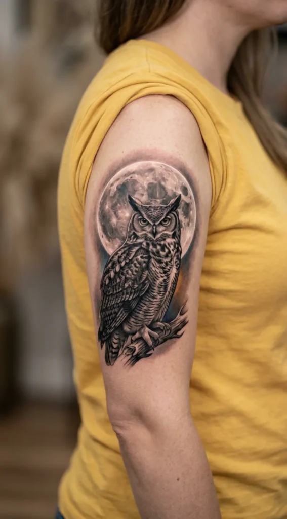 Realistic Owl and Full Moon Tattoo