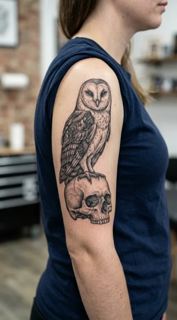 Realistic Owl and Skull Tattoo