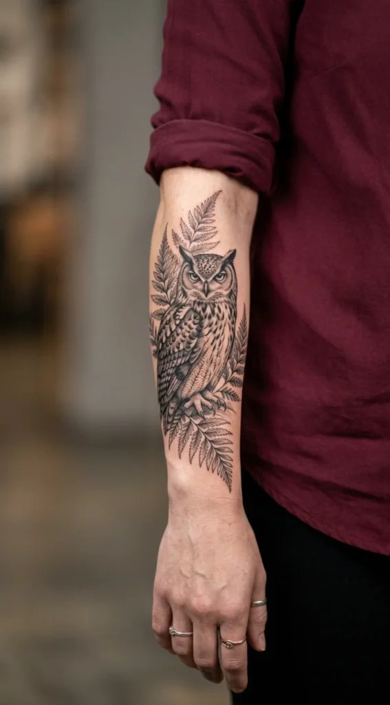 Realistic Owl with Fern Leaves Tattoo