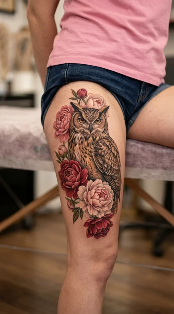 Realistic Owl with Peonies Tattoo