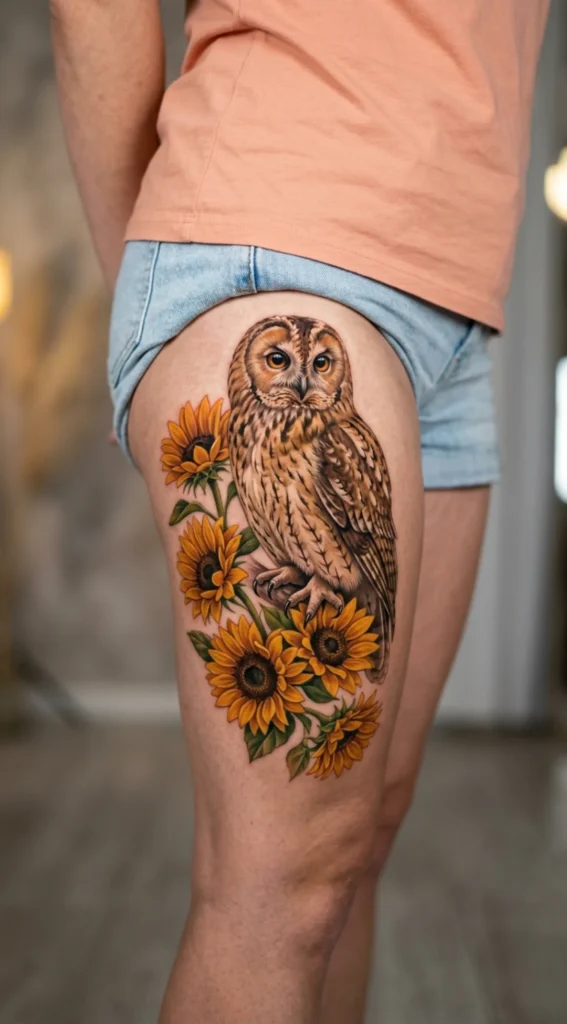 Realistic Owl with Sunflowers Tattoo