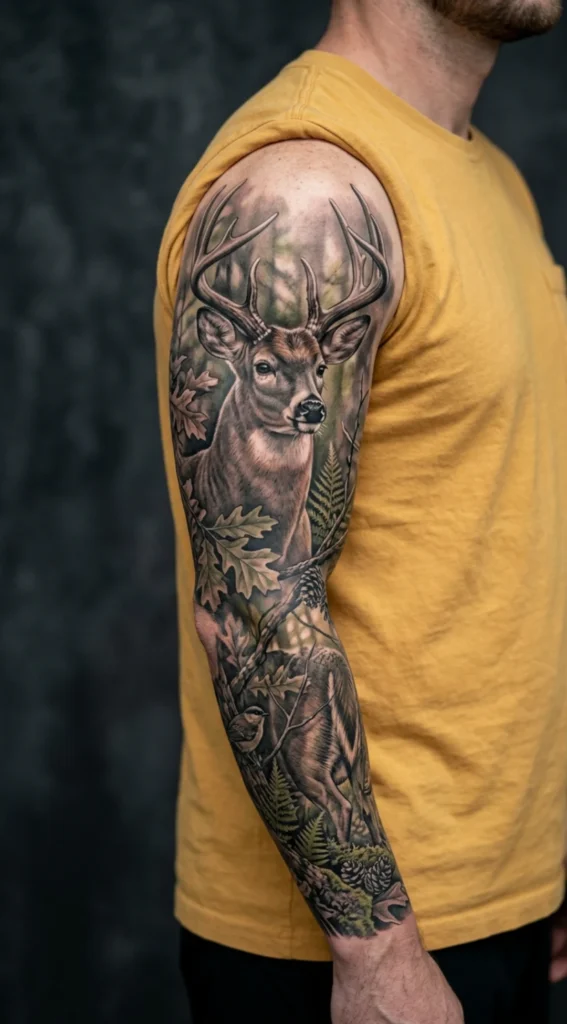 Realistic Whitetail Deer Full Sleeve Tattoo