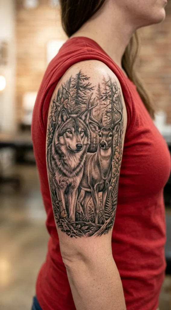 Realistic Wolf and Deer Forest Portrait