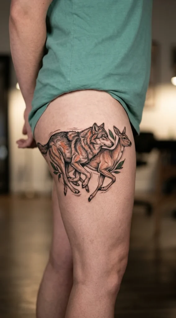 Running Wolf Beside a Graceful Doe