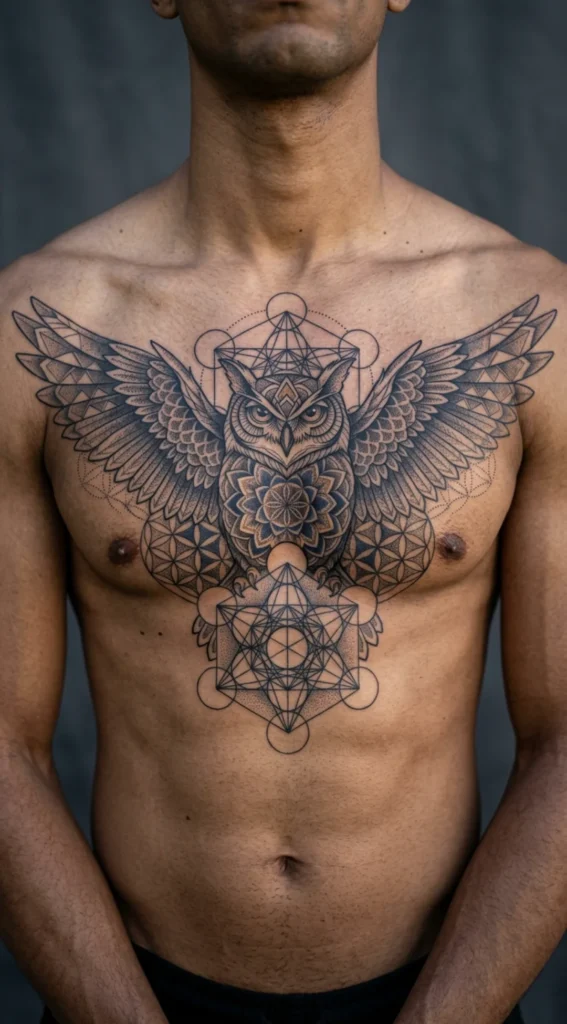 Sacred Geometry Owl Chest Tattoo