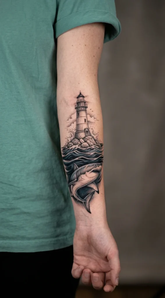Shark and Lighthouse Tattoo