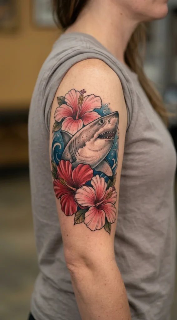 Shark with Hibiscus Flower Tattoo