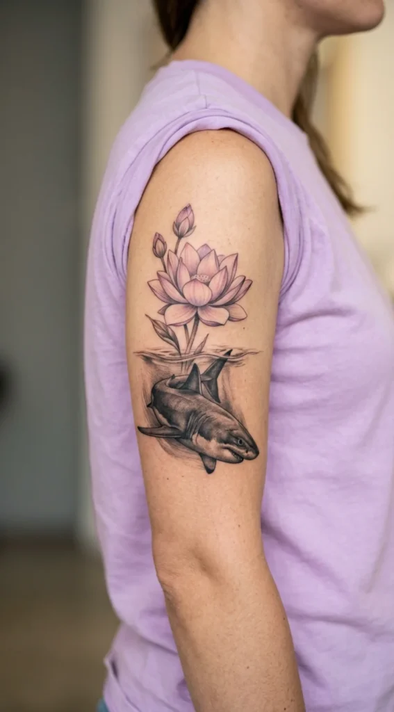 Shark with Lotus Flower Tattoo