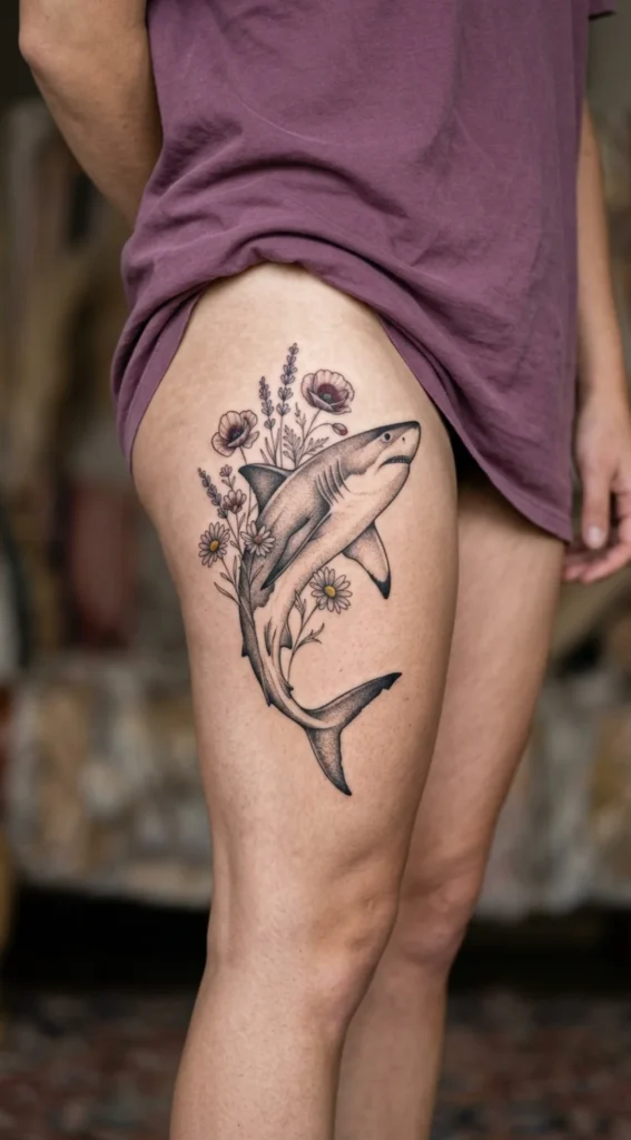 Shark with Wildflowers Tattoo