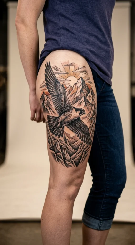 Side Thigh Falcon with Mountain Sunrise Scene