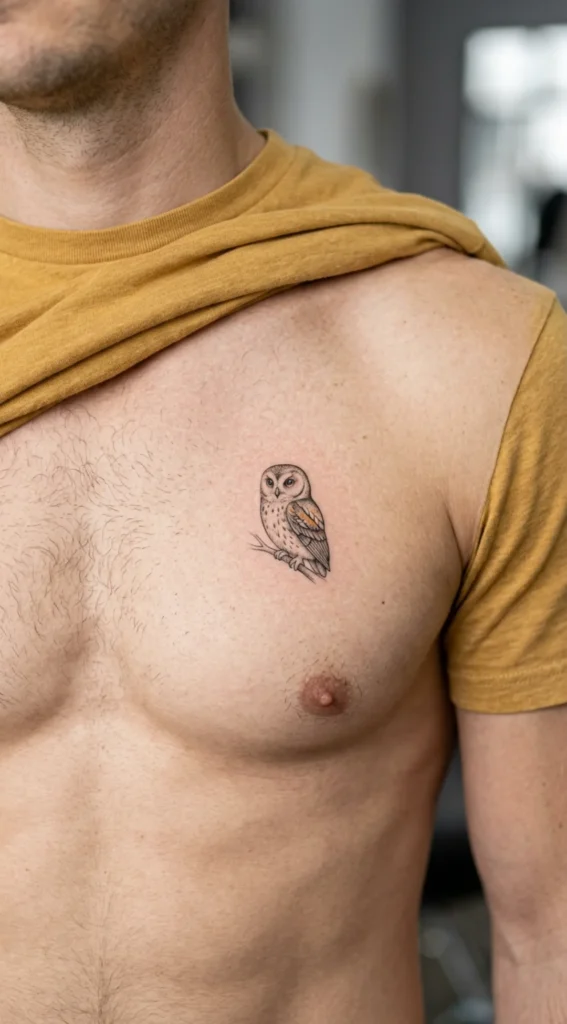 Small Owl Chest Heart Tattoo