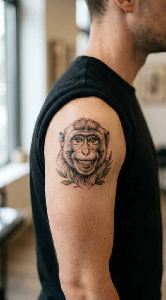 Smiling Monkey Shoulder Tattoo