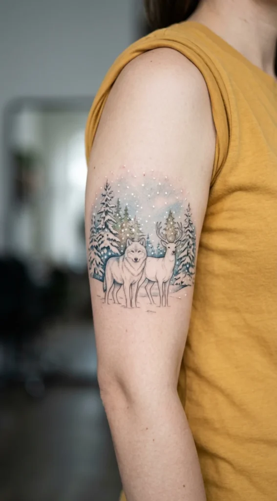 Snow Wolf and White Deer Winter Landscape