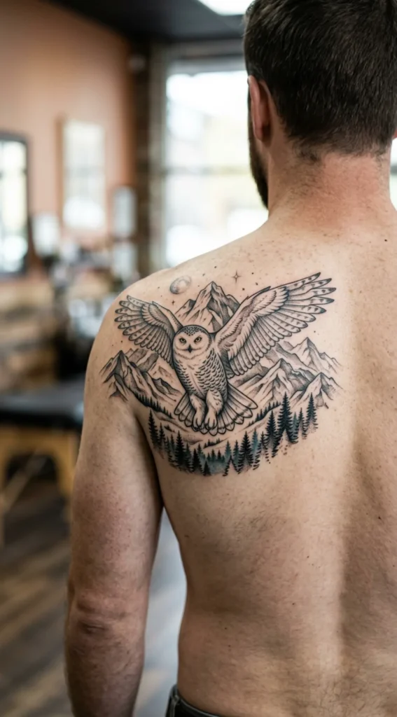  Snowy Owl Mountain Tattoo