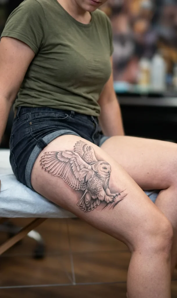 Snowy Owl Thigh Tattoo with Lifelike Feathers