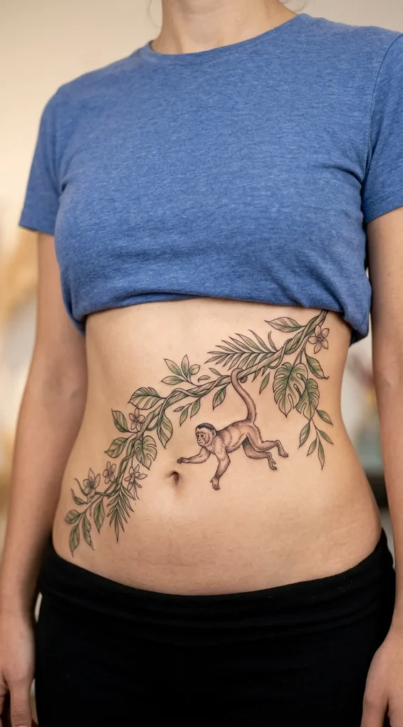 Swinging Monkey Belly Vine Tattoo