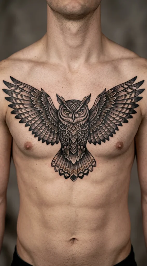 Symmetrical Owl Chest Tattoo