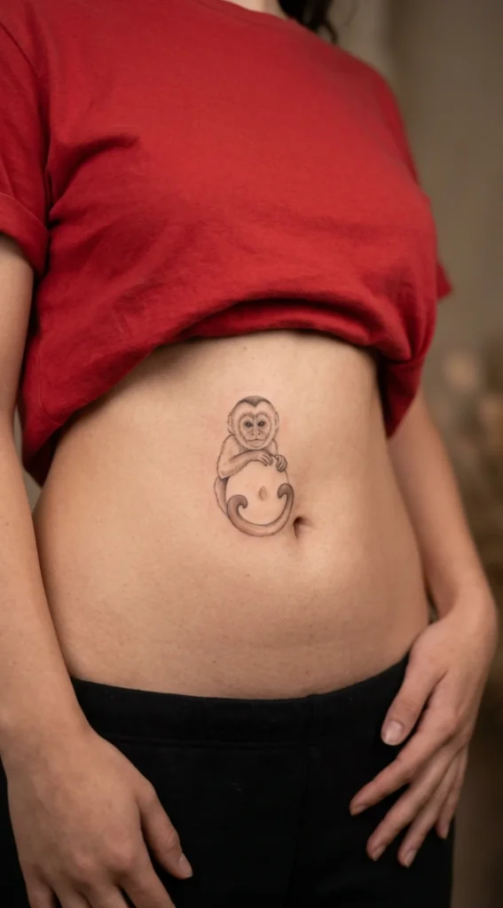 Tiny Capuchin Monkey Belly Tattoo