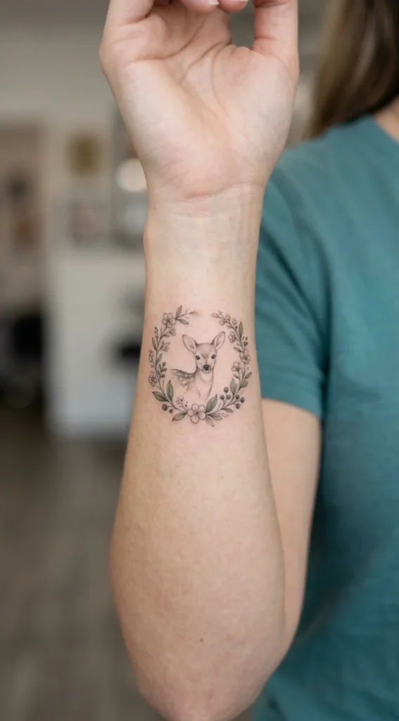 Tiny Deer with Delicate Floral Wreath