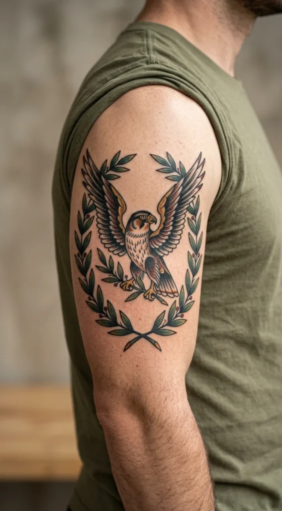 Traditional Falcon Framed by Laurel Branches