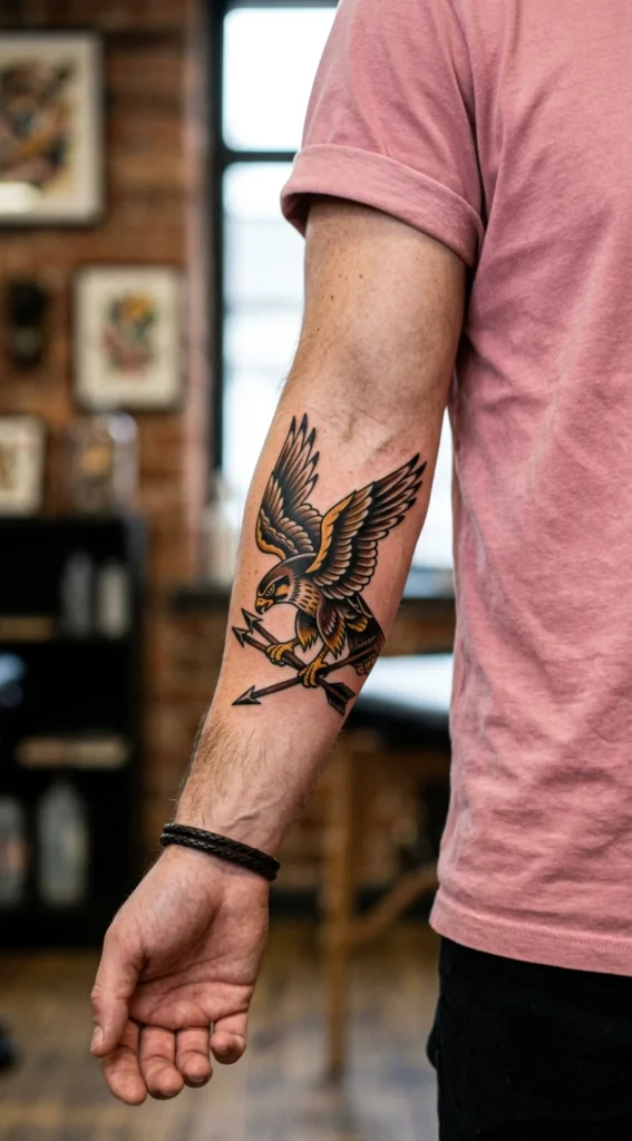 Traditional Falcon Holding Crossed Arrows