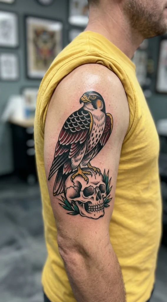 Traditional Falcon Perched on a Skull