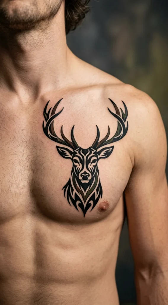 Tribal Deer Chest Tattoo