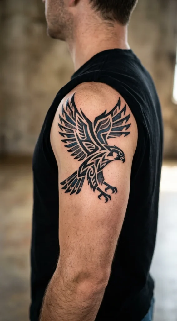 Tribal Falcon Shoulder Tattoo