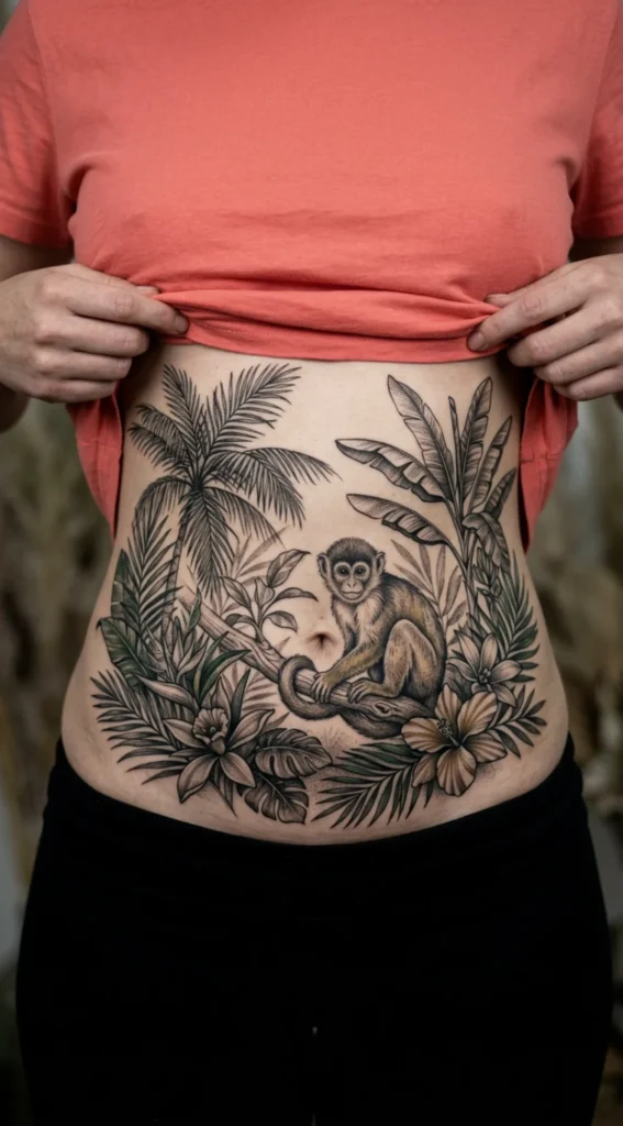 Tropical Monkey Belly Tattoo