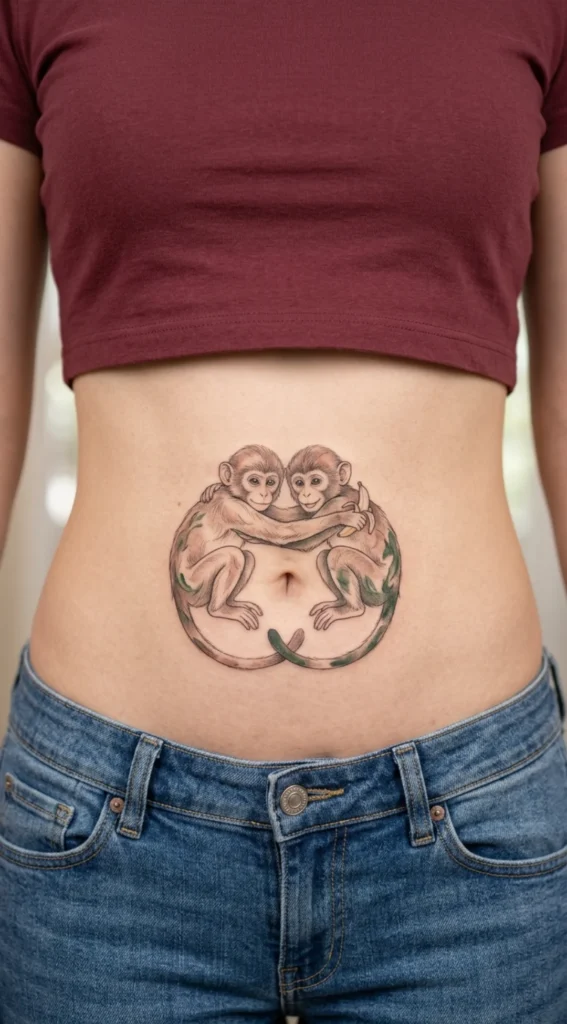 Twin Monkey Belly Tattoo