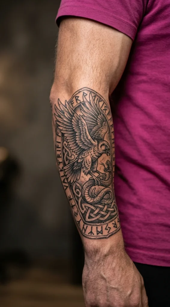 Viking Falcon with Serpent and Norse Runes
