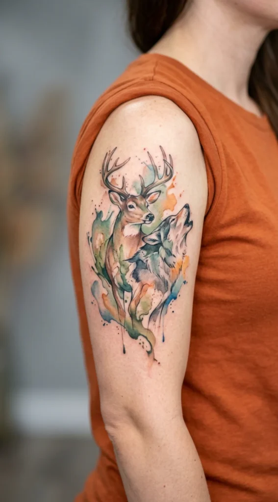 Watercolor Deer and Wolf Duo
