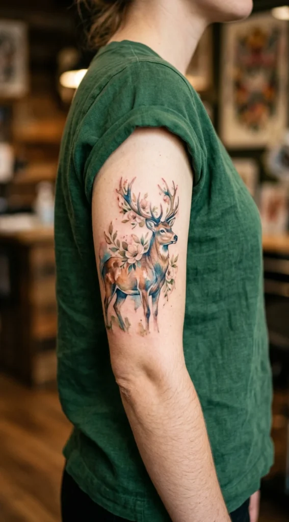 Watercolor Deer with Soft Floral Accents