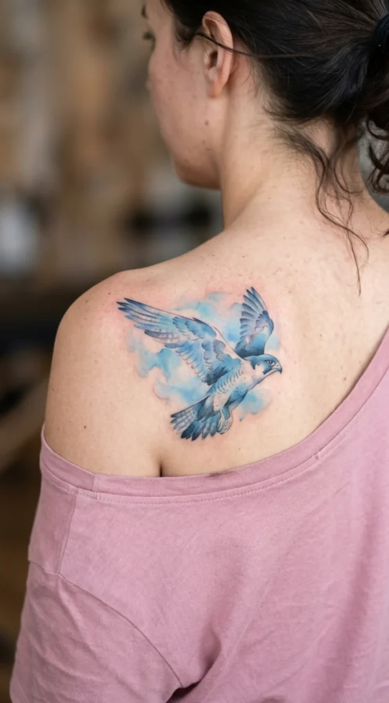 Watercolor Falcon with Soft Blue Sky